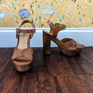 Brown leather block platform heel sandals